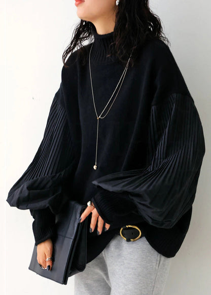 French Green Turtleneck Patchwork Knit Sweater Lantern Sleeve TF012