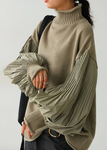 French Green Turtleneck Patchwork Knit Sweater Lantern Sleeve TF012