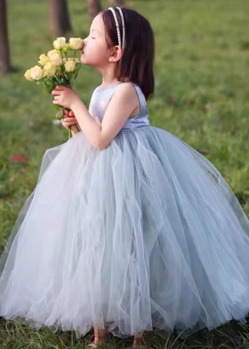 French Grey Backless Patchwork Tulle Girls Maxi Dress Sleeveless TT025