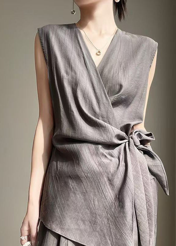 Grey Up Cotton Shirt French Lace Sleeveless Neck V