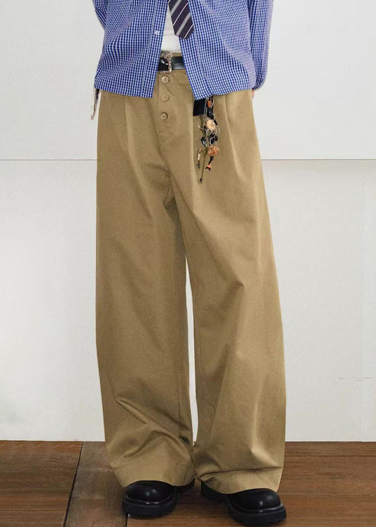 Button Khaki Mens Pockets Summer French Pants Solid Cotton