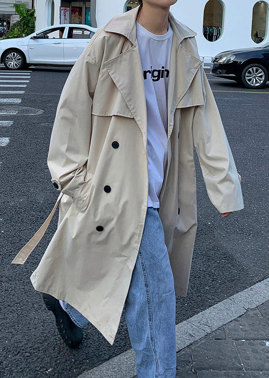 French Khaki Double Breast Tie Waist Cotton Mens Long Trench Coat Spring YQ002
