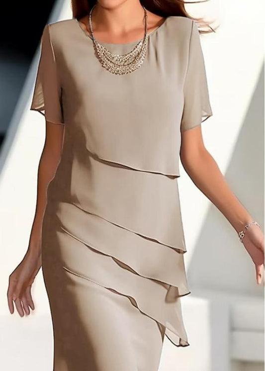 Short Dresses French Chiffon Layered Maxi Solid O-Neck Khaki