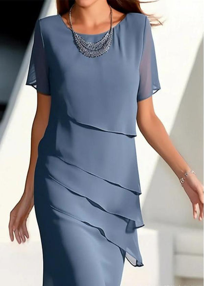 Short Dresses French Chiffon Layered Maxi Solid O-Neck Khaki