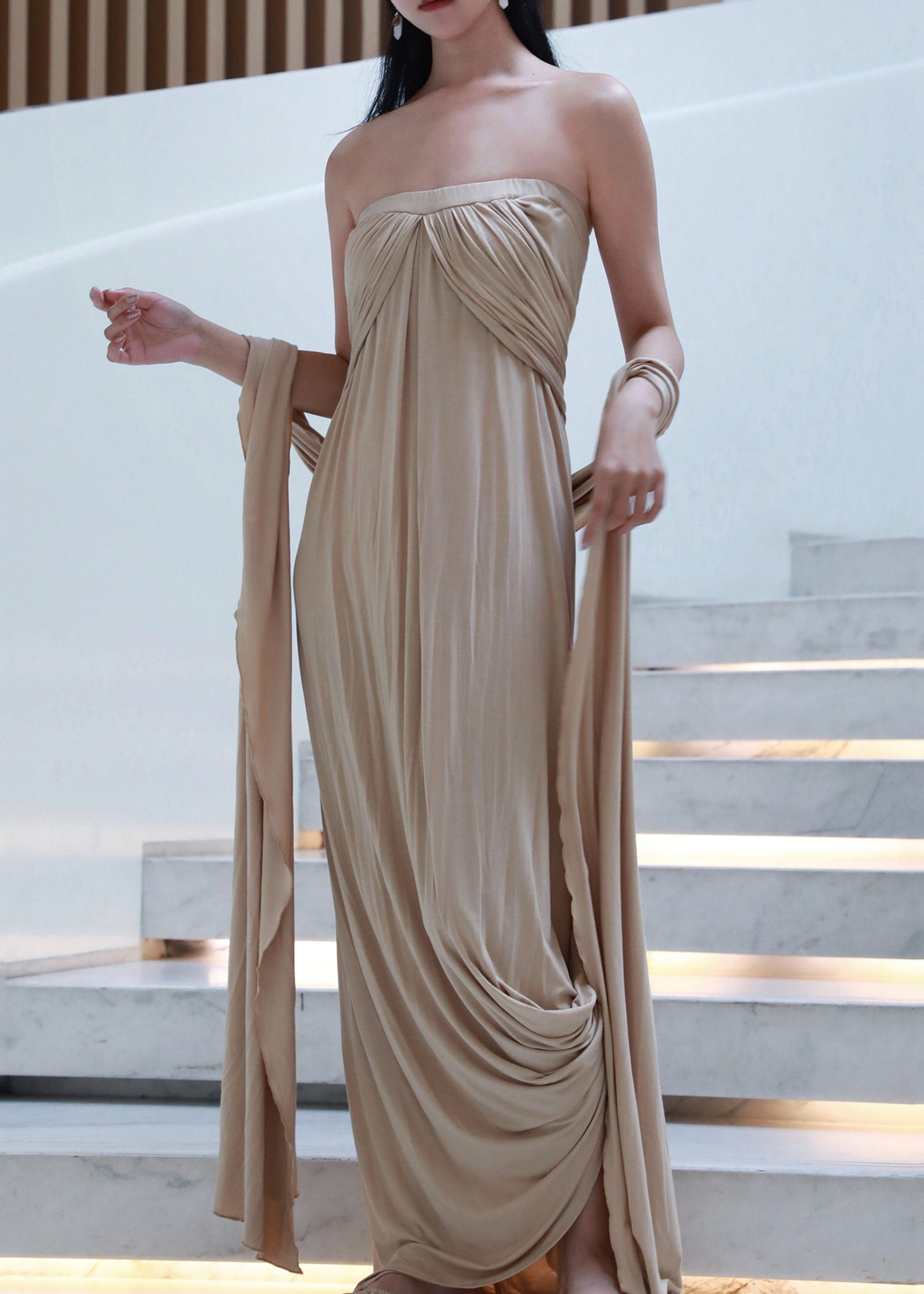 Off French Wrinkled Shoulder Dresses Cotton Khaki Long The