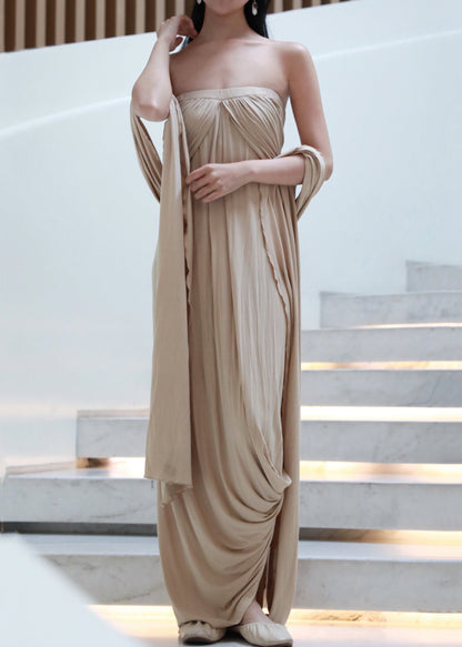 Off French Wrinkled Shoulder Dresses Cotton Khaki Long The