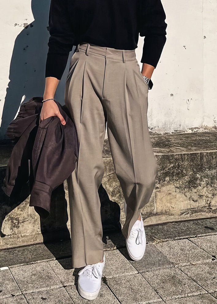 Pockets Solid Pants Fall Waist French High Khaki Mens Spandex