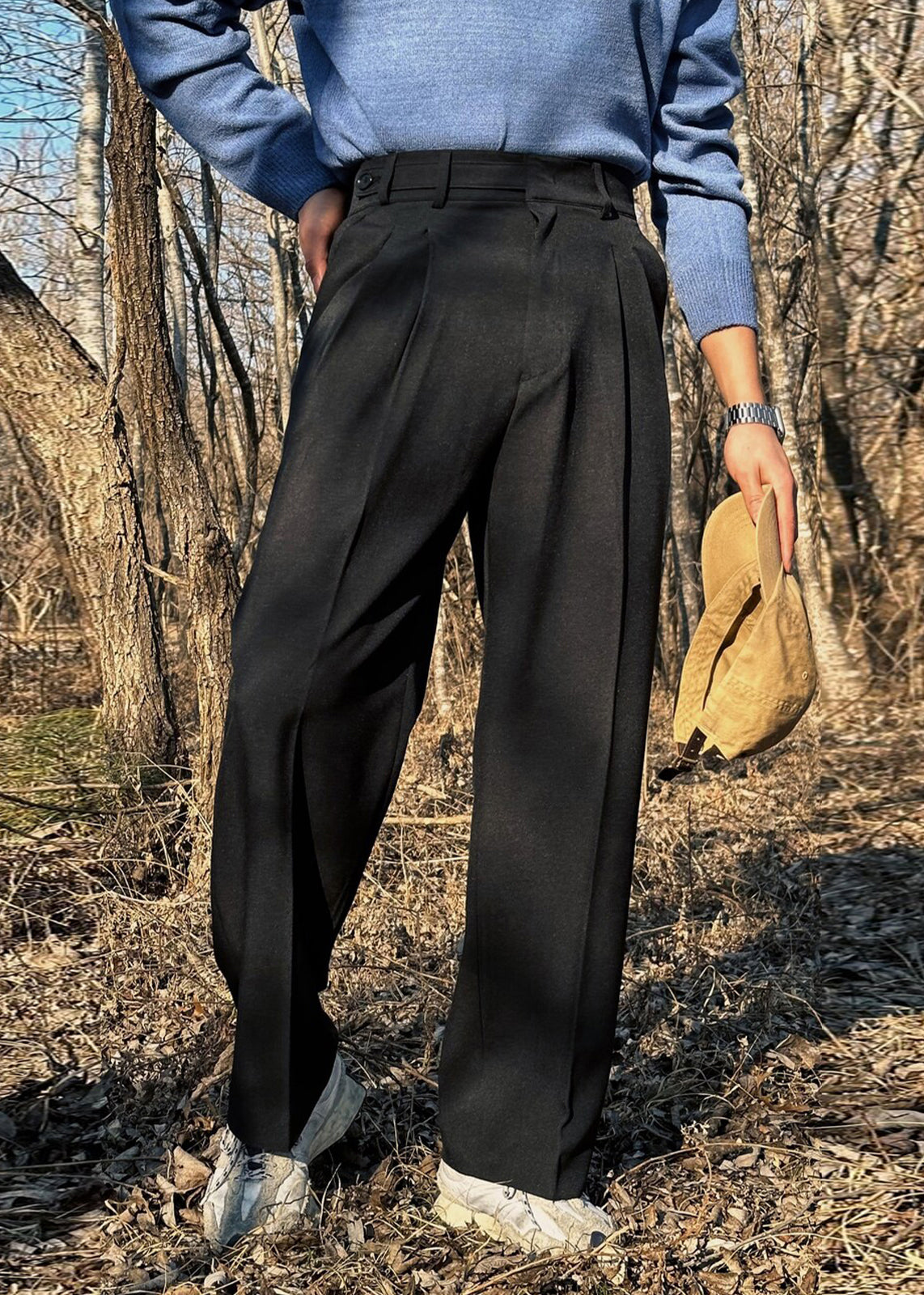 Pockets Solid Pants Fall Waist French High Khaki Mens Spandex