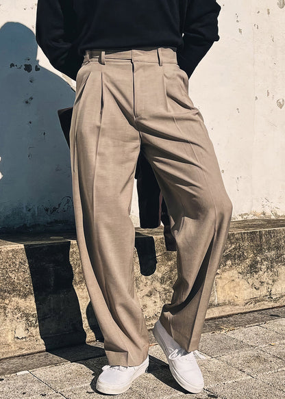 Pockets Solid Pants Fall Waist French High Khaki Mens Spandex