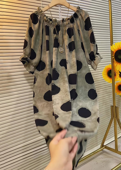 Butterfly Dress Cotton Sleeve Dot Ruffled French Khaki