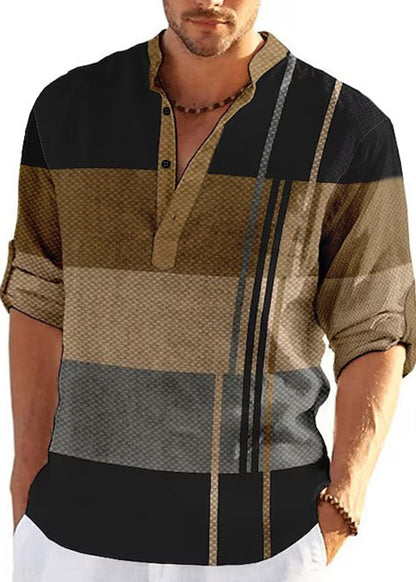 Fall Shirts Plaid Men's Collar Stand Cotton Khaki French T