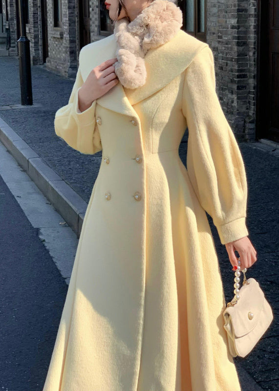 French Light Yellow Peter Pan Collar Double Breast Woolen Coat Spring TH044