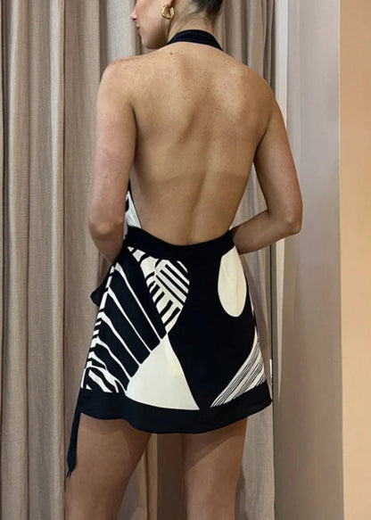 Tie Sleeveless Mini Dresses Navy French Waist Backless