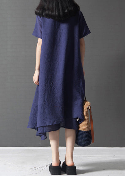 Navy Summer French Linen Oversized Layered Print Dress
