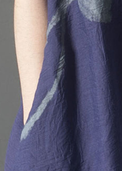 Navy Summer French Linen Oversized Layered Print Dress