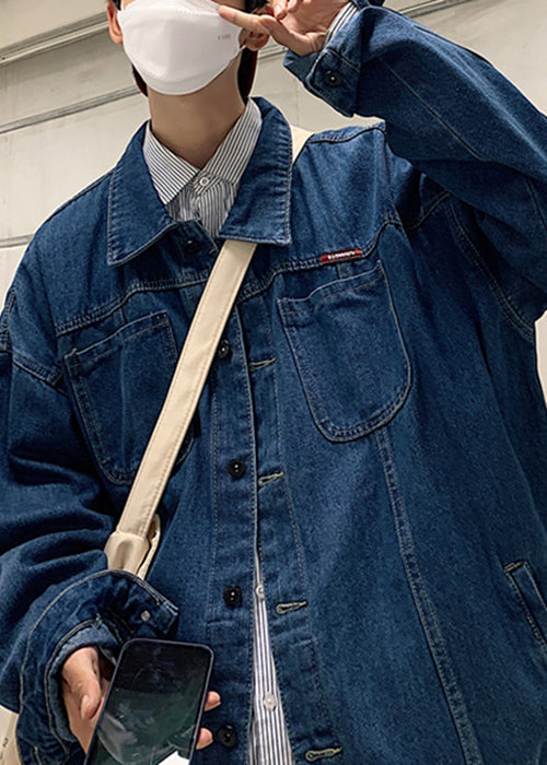 Spring Men Coats Navy French TC041 Pockets Button Denim Print