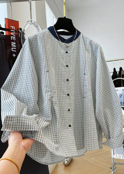 Plaid Neck O Button French Cotton Shirts Top Fall