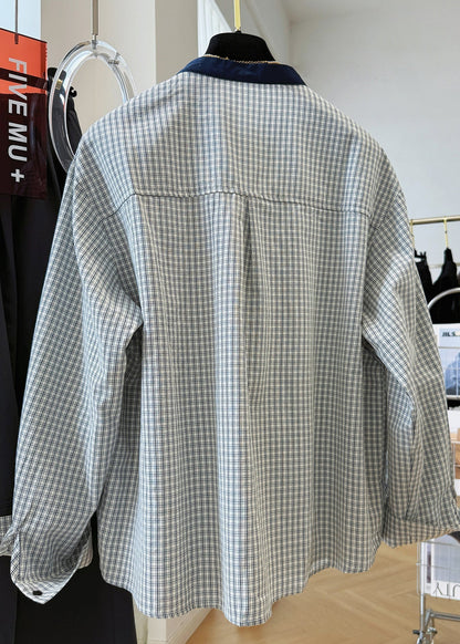 Plaid Neck O Button French Cotton Shirts Top Fall