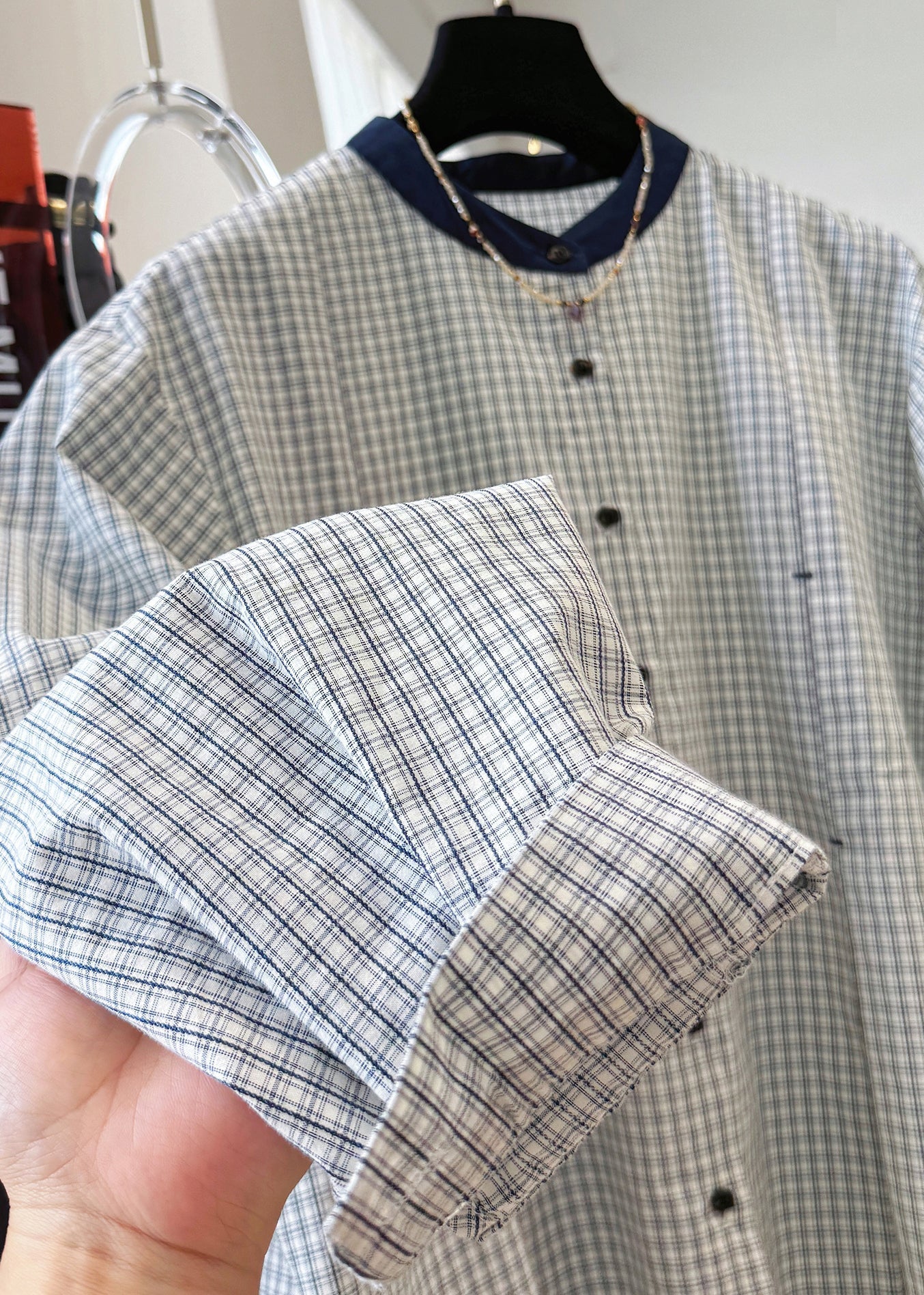 Plaid Neck O Button French Cotton Shirts Top Fall