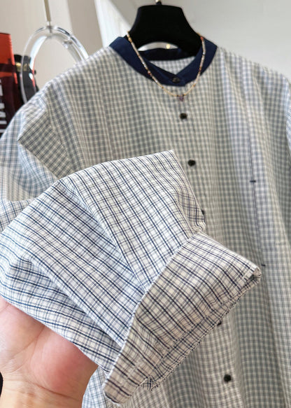 Plaid Neck O Button French Cotton Shirts Top Fall