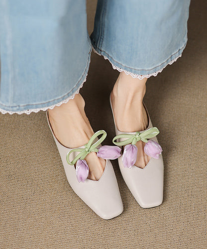 Leather Slide Cowhide Floral French Sandals Pink Splicing