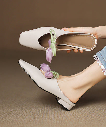 Leather Slide Cowhide Floral French Sandals Pink Splicing