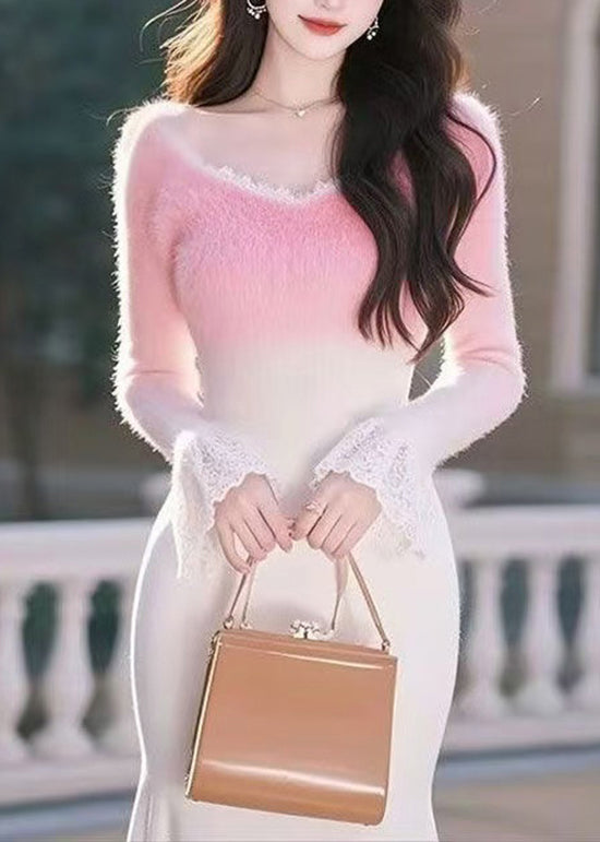 French Pink Gradient V Neck Lace Patchwork Knitted Tops Spring YY006