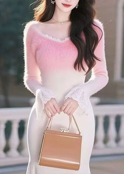 French Pink Gradient V Neck Lace Patchwork Knitted Tops Spring YY006