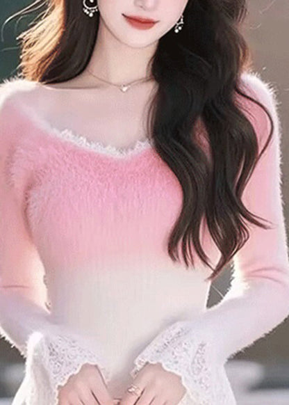 French Pink Gradient V Neck Lace Patchwork Knitted Tops Spring YY006