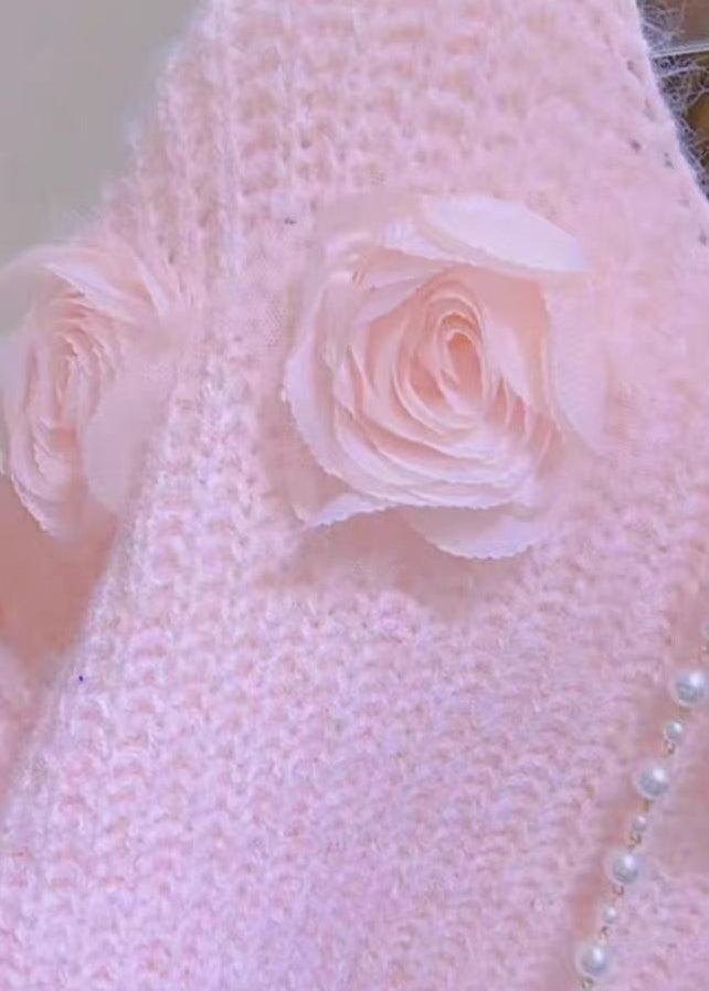 French Pink O Neck Floral Decorated Knit Pullover Spring YY017