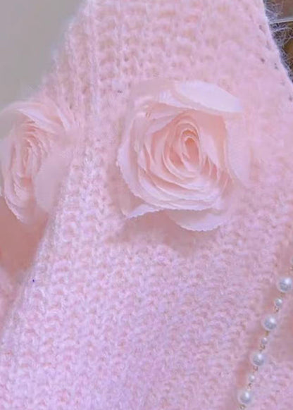 French Pink O Neck Floral Decorated Knit Pullover Spring YY017