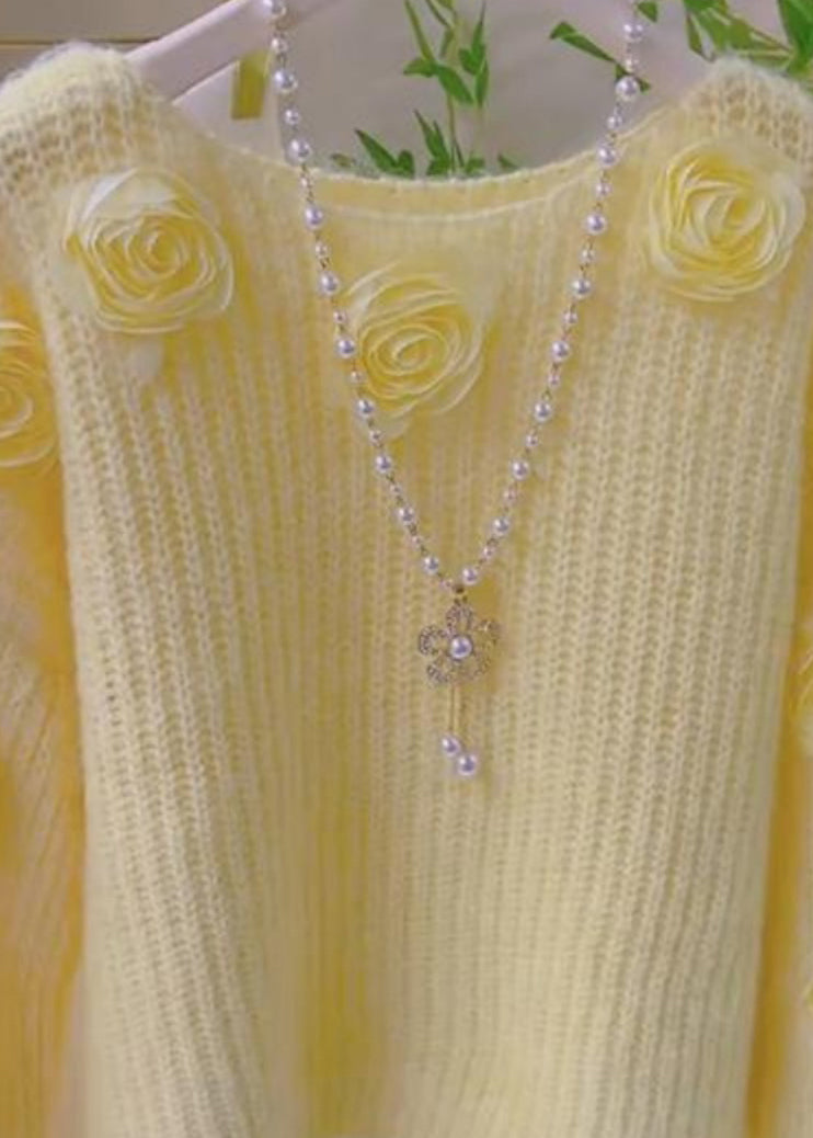 French Pink O Neck Floral Decorated Knit Pullover Spring YY017