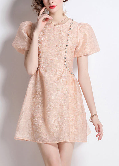 Nail Jacquard O Neck Bead Dresses Summer Cotton French Pink
