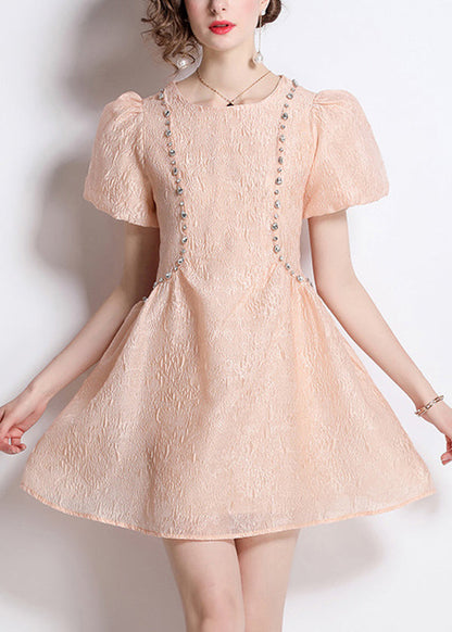Nail Jacquard O Neck Bead Dresses Summer Cotton French Pink