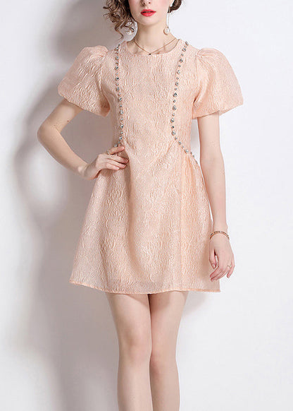 Nail Jacquard O Neck Bead Dresses Summer Cotton French Pink