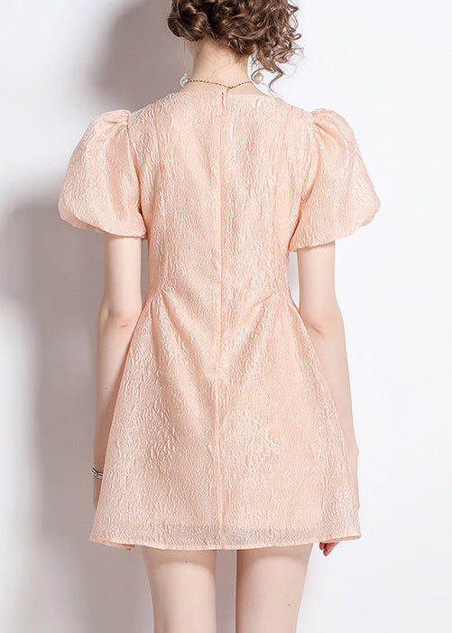 Nail Jacquard O Neck Bead Dresses Summer Cotton French Pink