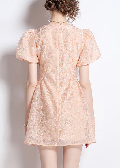 Nail Jacquard O Neck Bead Dresses Summer Cotton French Pink