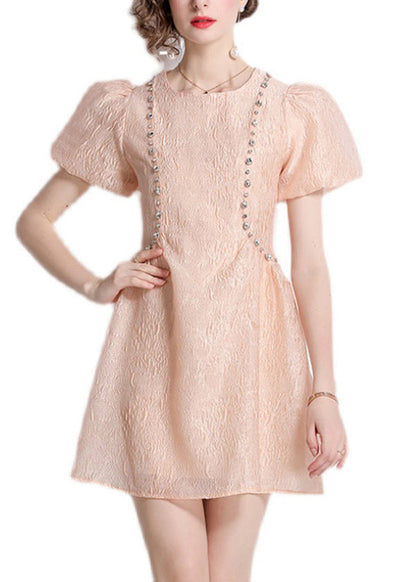 Nail Jacquard O Neck Bead Dresses Summer Cotton French Pink