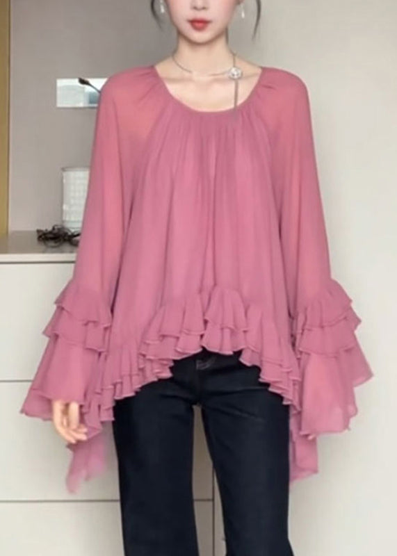 French O-Neck Pink Ruffled Flare Shirts Sleeve Chiffon Patchwork