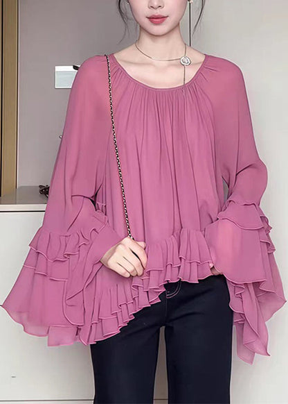 French O-Neck Pink Ruffled Flare Shirts Sleeve Chiffon Patchwork