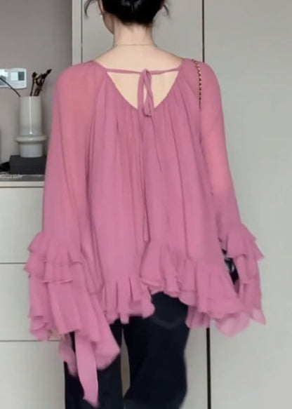 French O-Neck Pink Ruffled Flare Shirts Sleeve Chiffon Patchwork