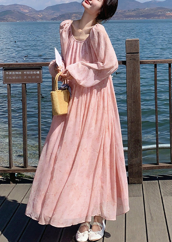 Long Up Summer French Dresses Neck O Wrinkled Lace Chiffon Pink