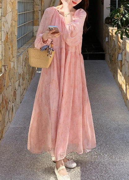 Long Up Summer French Dresses Neck O Wrinkled Lace Chiffon Pink