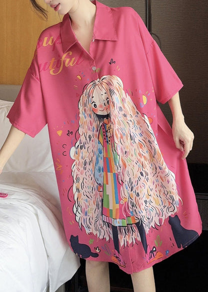 Silk Shirts French Pan Collar Dress Print Ice Pink Peter Summer