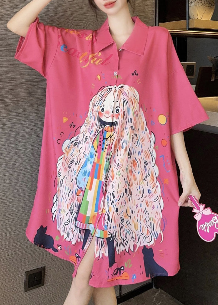 Silk Shirts French Pan Collar Dress Print Ice Pink Peter Summer