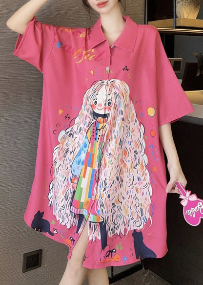 Silk Shirts French Pan Collar Dress Print Ice Pink Peter Summer