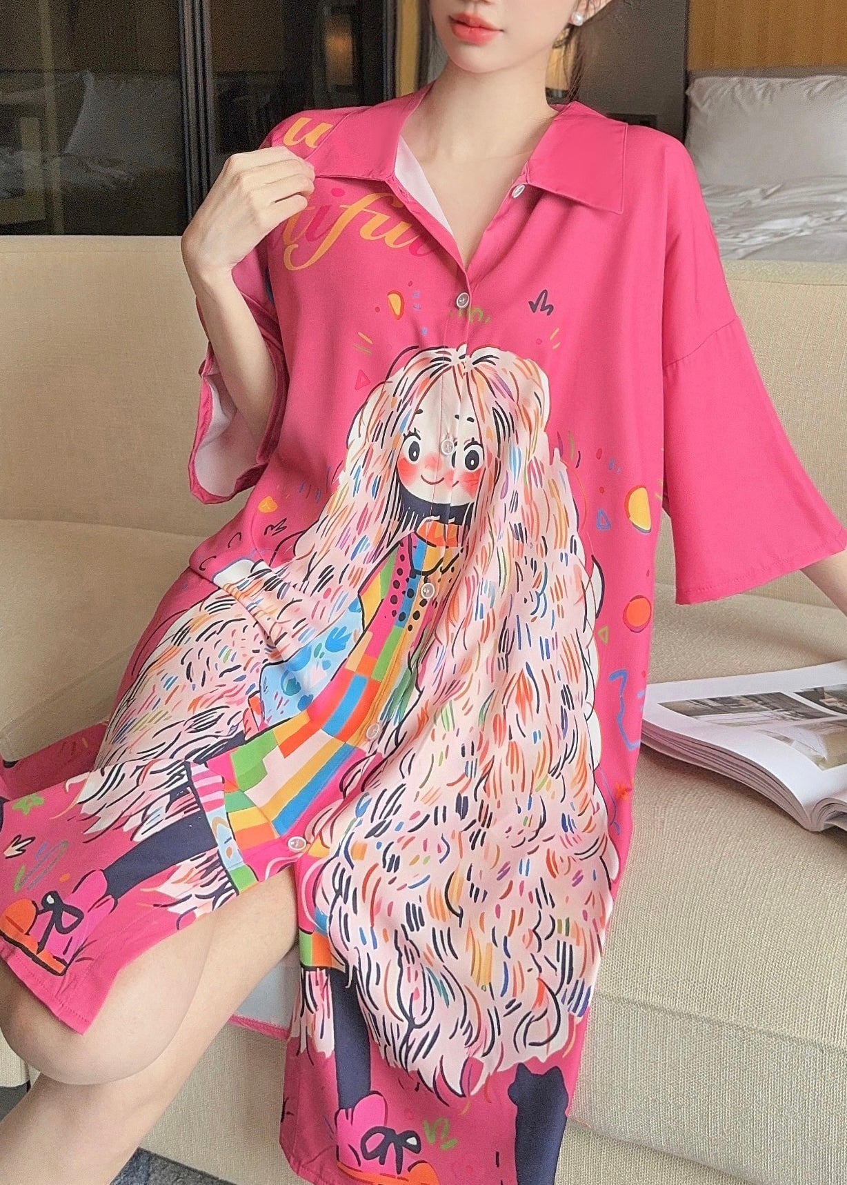 Silk Shirts French Pan Collar Dress Print Ice Pink Peter Summer