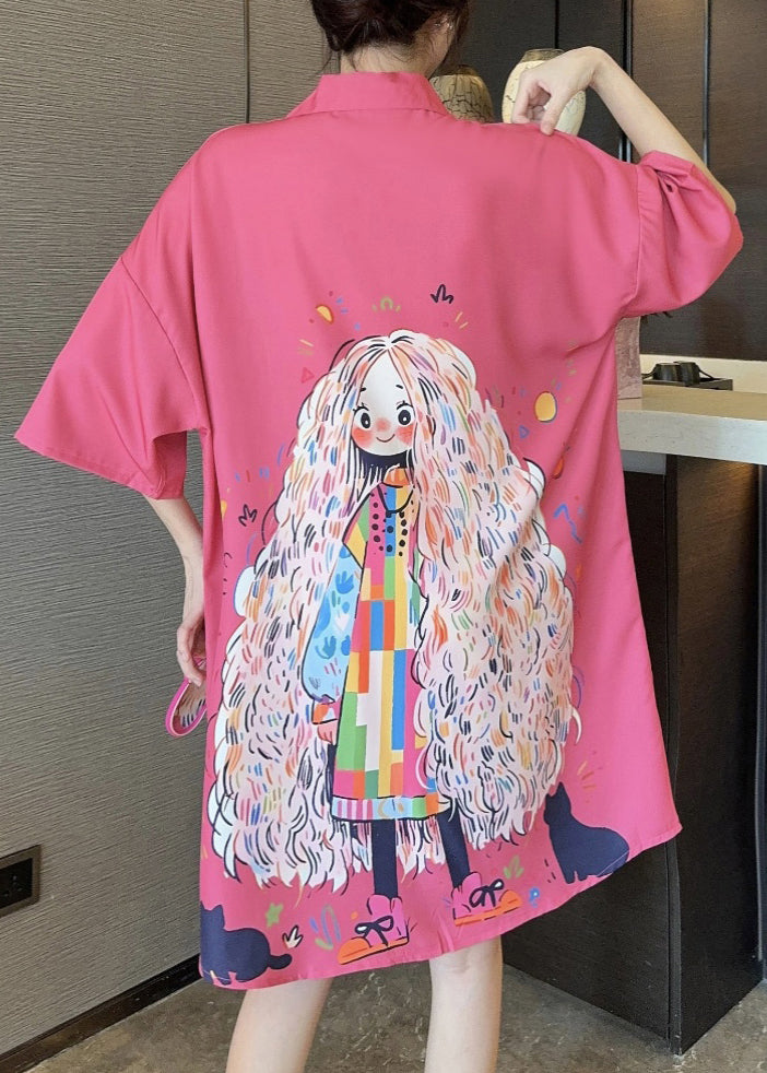 Silk Shirts French Pan Collar Dress Print Ice Pink Peter Summer