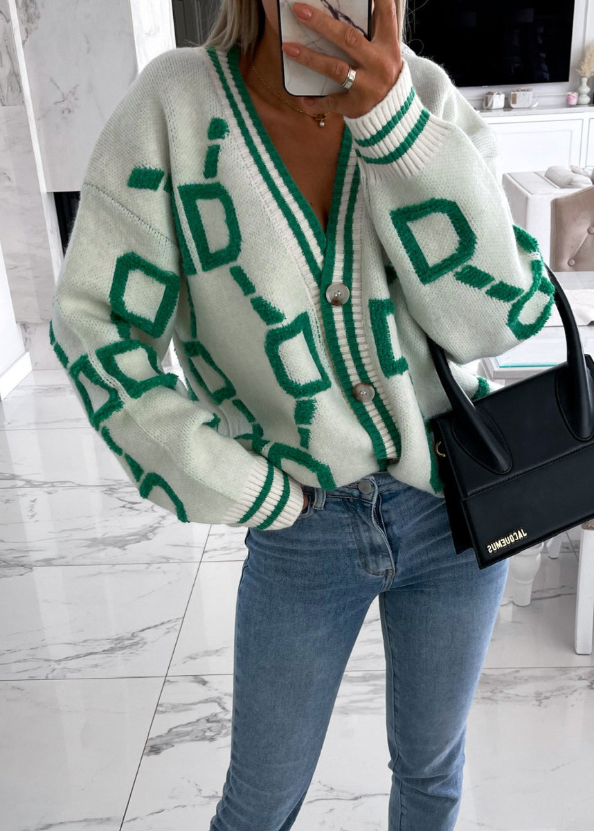 French Pink V Neck Graphic Embroidered Knit Cardigan Fall QY021