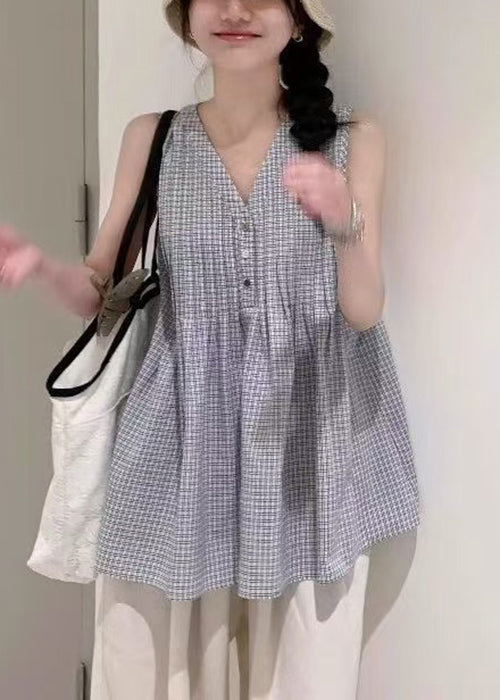 Wrinkled Cotton Shirts Neck Sleeveless Plaid V French